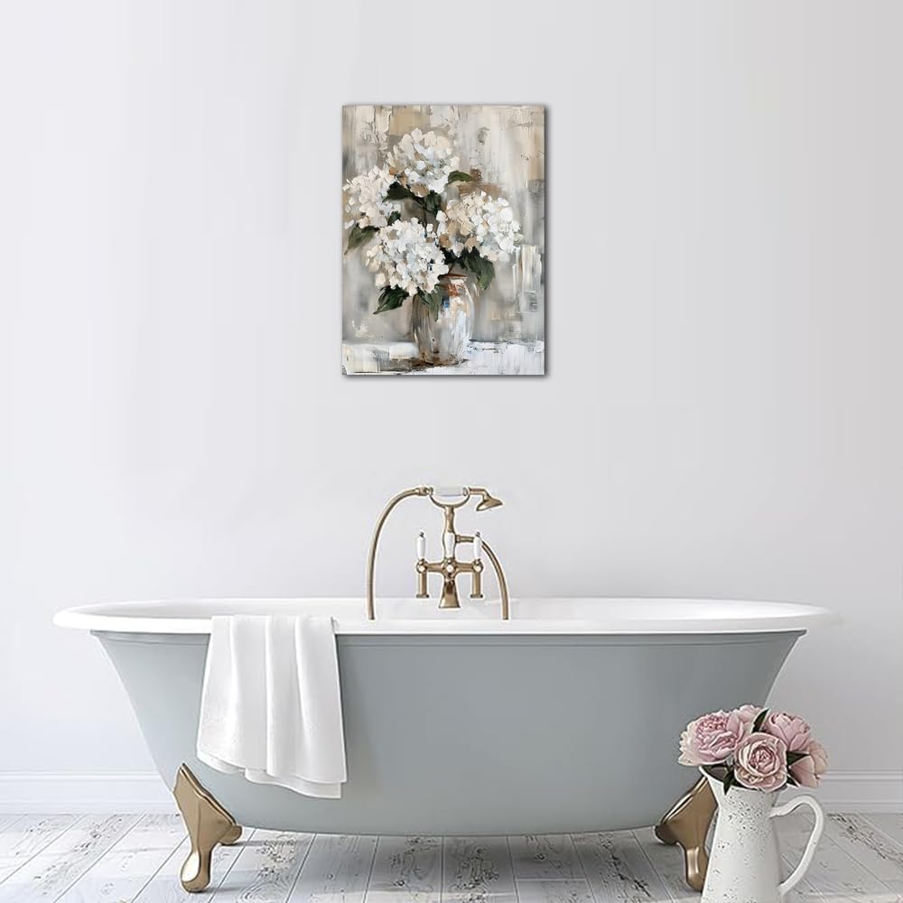 Minimalist Floral Wall Art | White Hydrangea Oil Painting Style Canvas Print | Elegant Vase Flower Artwork for Living Room, Bedroom, Dining Room | Premium Canvas Wall Décor (15 x 12 Inches)