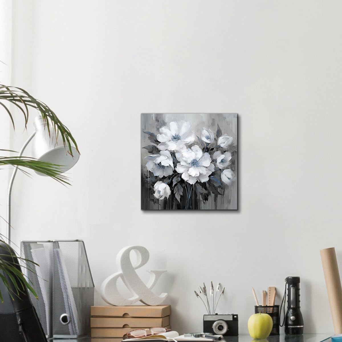 Modern Minimalist White Floral Wall Art Canvas Painting for Living Room Bedroom Dining Room Hallway 12x12 Inches