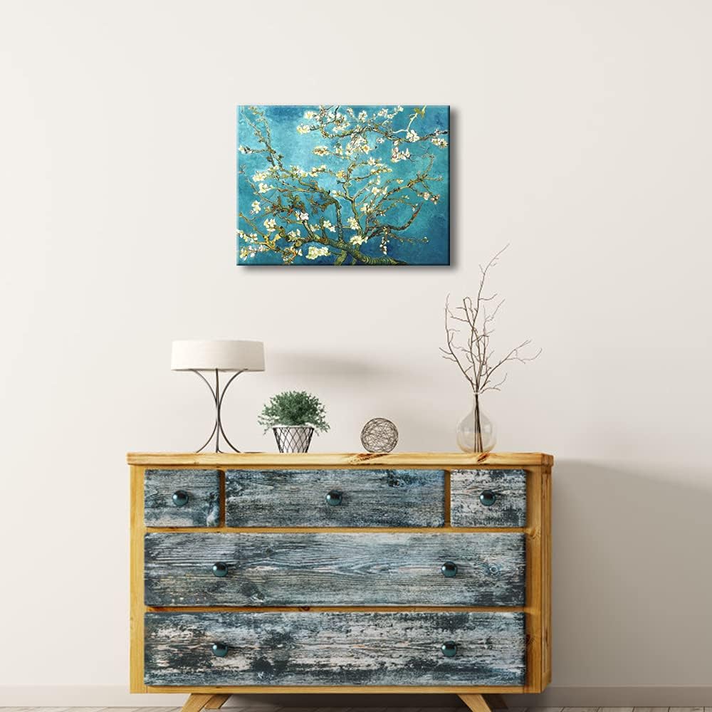 Canvas Wall Art – Blossoming Branch with Blue Background Decorative Painting, 16x12 inches