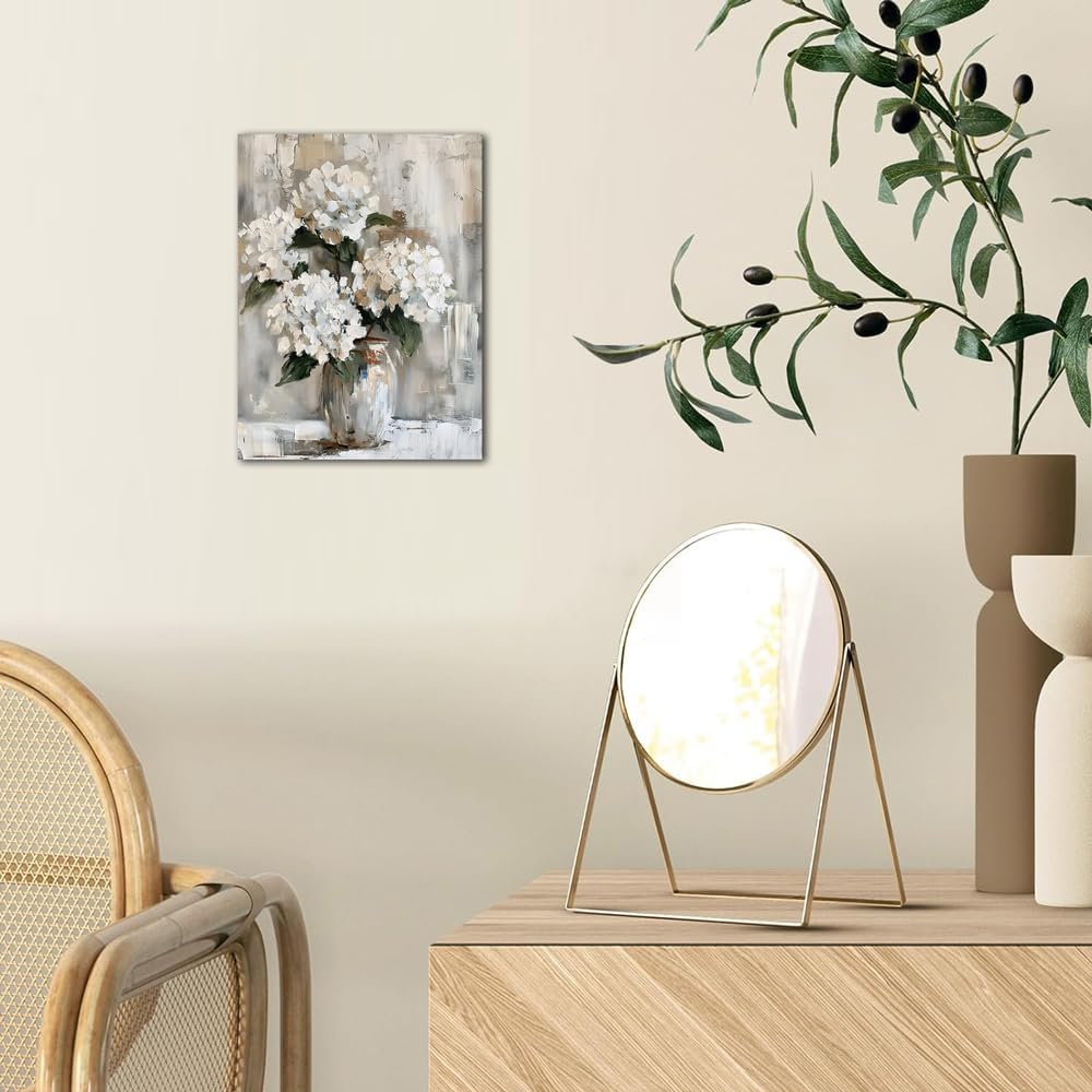 Minimalist Floral Wall Art | White Hydrangea Oil Painting Style Canvas Print | Elegant Vase Flower Artwork for Living Room, Bedroom, Dining Room | Premium Canvas Wall Décor (15 x 12 Inches)