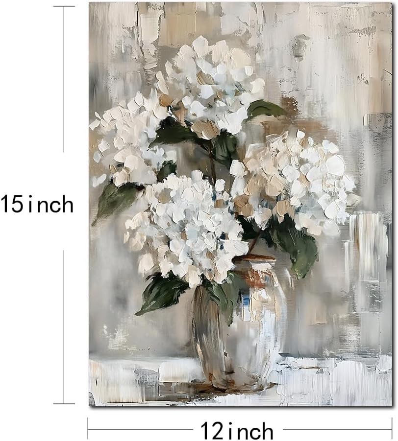 Minimalist Floral Wall Art | White Hydrangea Oil Painting Style Canvas Print | Elegant Vase Flower Artwork for Living Room, Bedroom, Dining Room | Premium Canvas Wall Décor (15 x 12 Inches)
