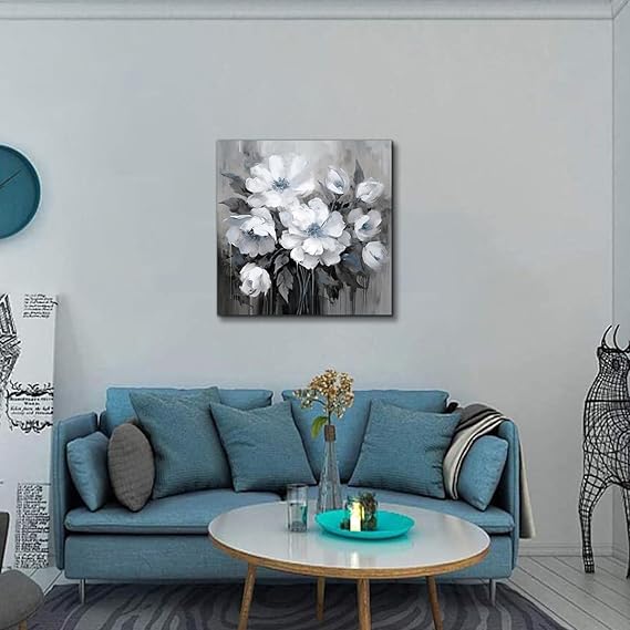 Modern Minimalist White Floral Wall Art Canvas Painting for Living Room Bedroom Dining Room Hallway 12x12 Inches