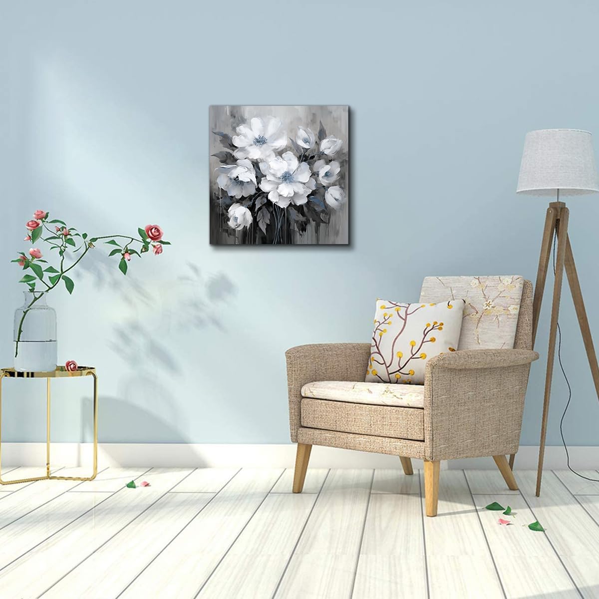 Modern Minimalist White Floral Wall Art Canvas Painting for Living Room Bedroom Dining Room Hallway 12x12 Inches
