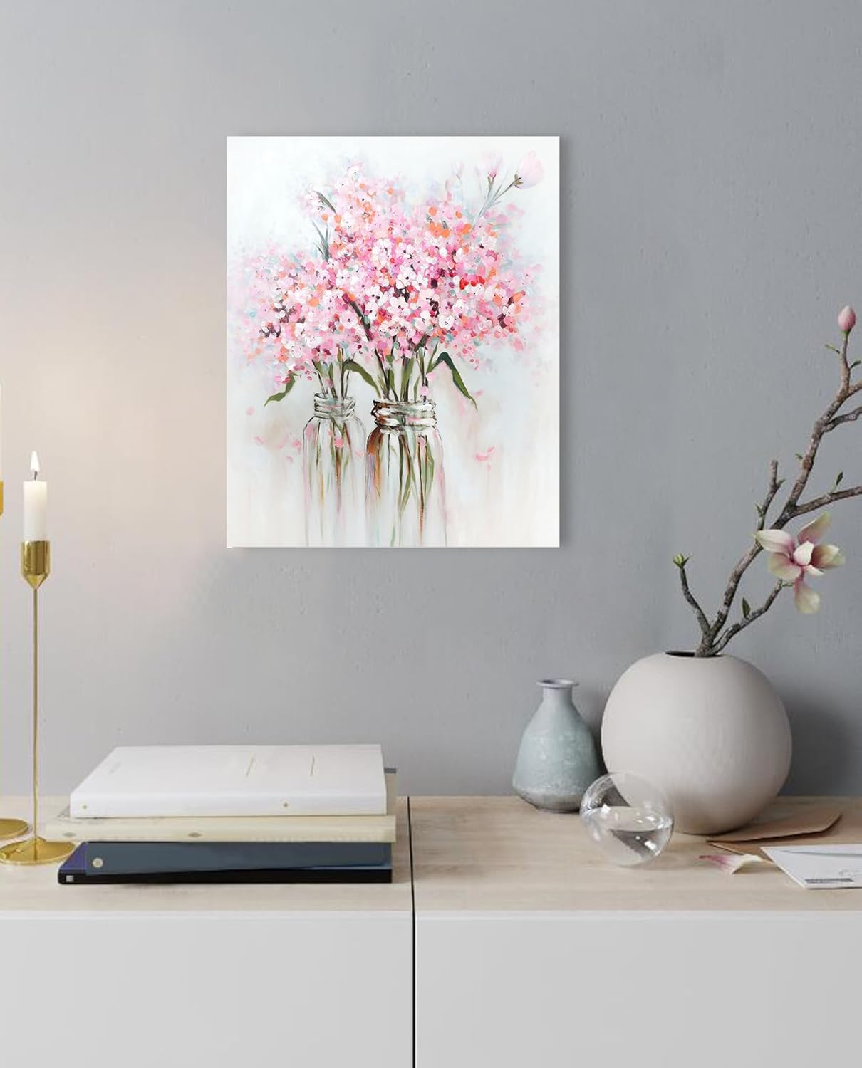 Canvas Wall Art – Pink Floral Bouquet Still Life Decorative Painting, 12x15 inches