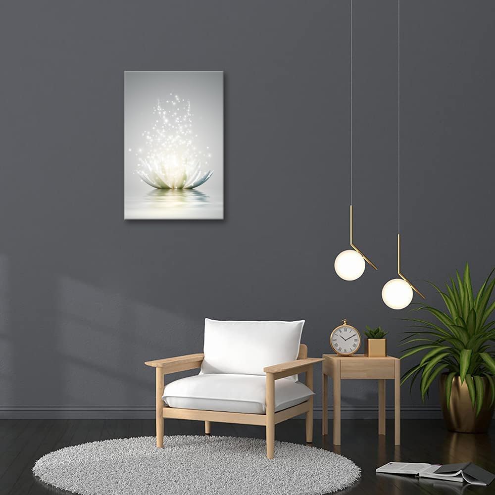 Sparkling Lotus Wall Art | White Lotus on Water with Light Effects | Zen-Inspired Minimalist Canvas Print | Elegant Wall Décor for Living Room, Bedroom, Meditation Space | Premium Canvas Artwork (12 x 16 Inches)