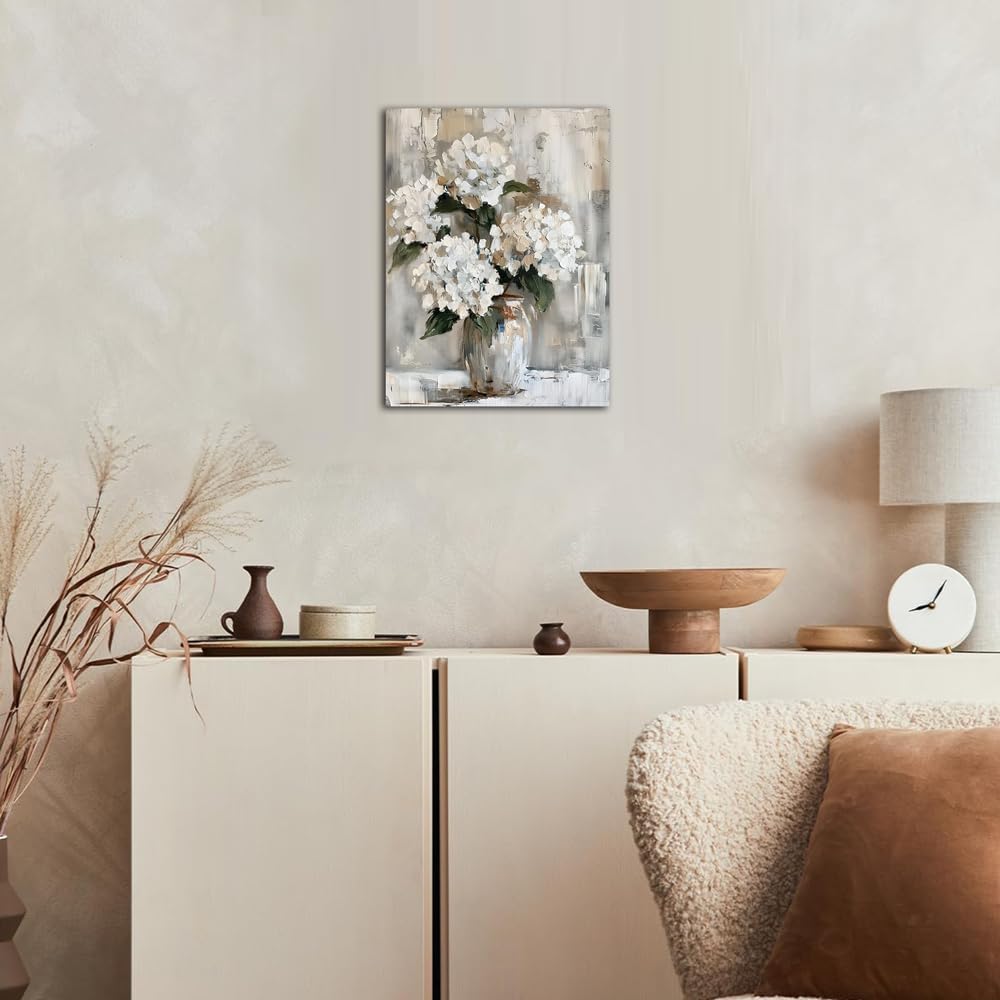 Minimalist Floral Wall Art | White Hydrangea Oil Painting Style Canvas Print | Elegant Vase Flower Artwork for Living Room, Bedroom, Dining Room | Premium Canvas Wall Décor (15 x 12 Inches)