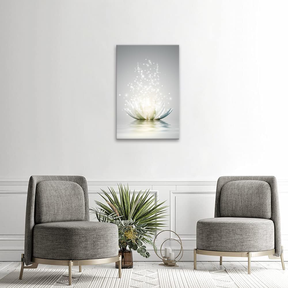Sparkling Lotus Wall Art | White Lotus on Water with Light Effects | Zen-Inspired Minimalist Canvas Print | Elegant Wall Décor for Living Room, Bedroom, Meditation Space | Premium Canvas Artwork (12 x 16 Inches)