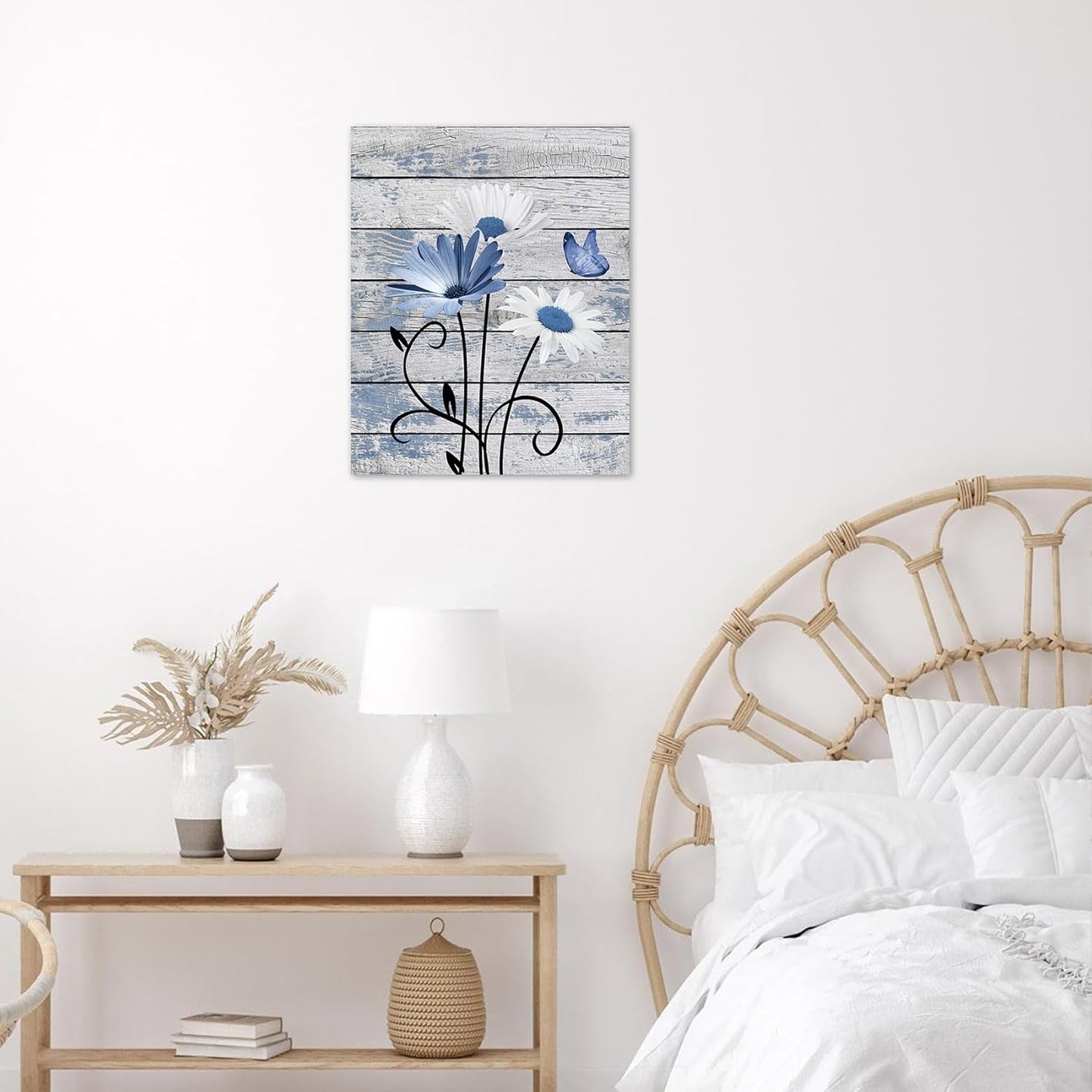 Blue & White Floral Canvas Wall Art with Butterfly | Rustic Wood Background | Nature-Inspired Decorative Print | Modern Farmhouse Style Home Décor (16 x 12 Inches)