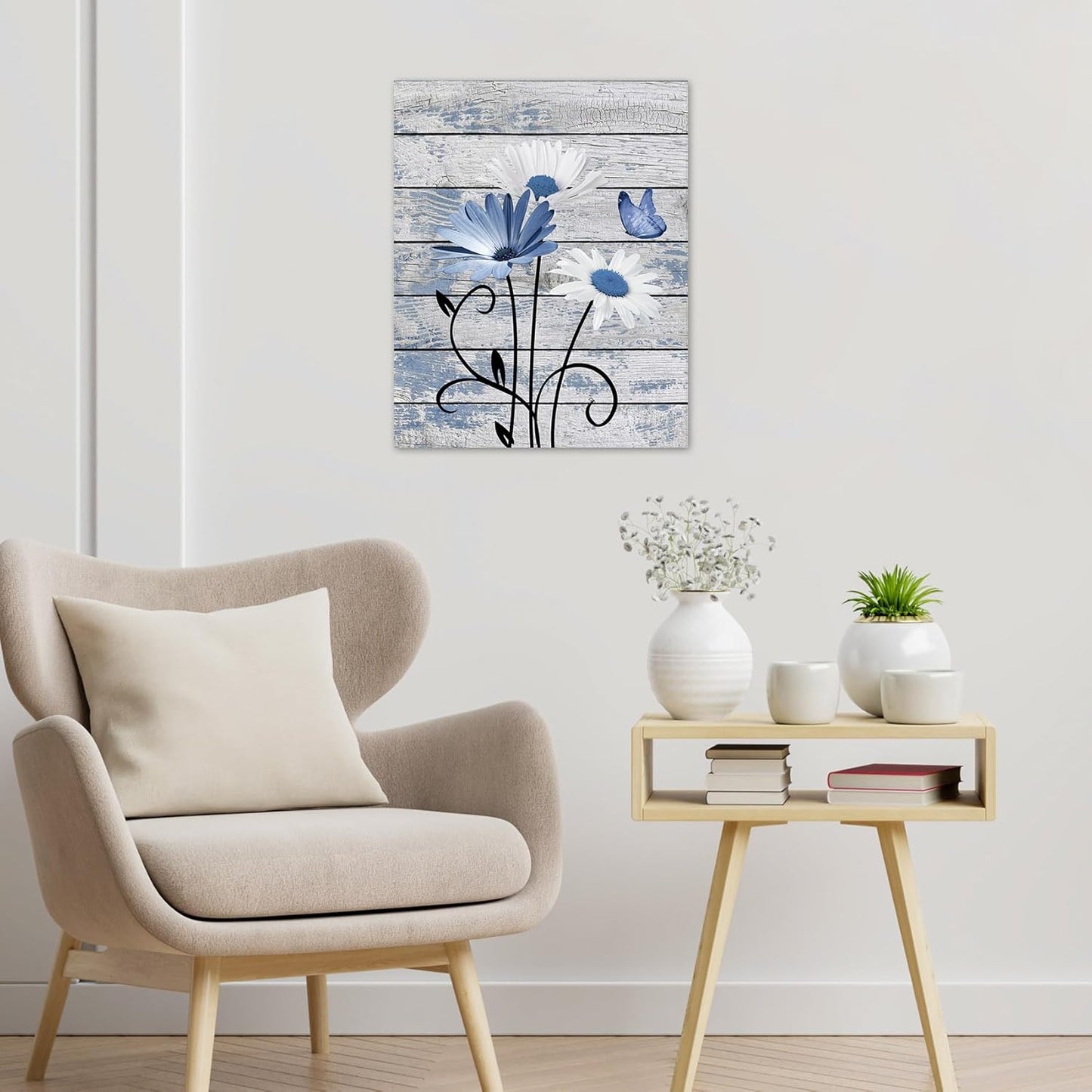 Blue & White Floral Canvas Wall Art with Butterfly | Rustic Wood Background | Nature-Inspired Decorative Print | Modern Farmhouse Style Home Décor (16 x 12 Inches)