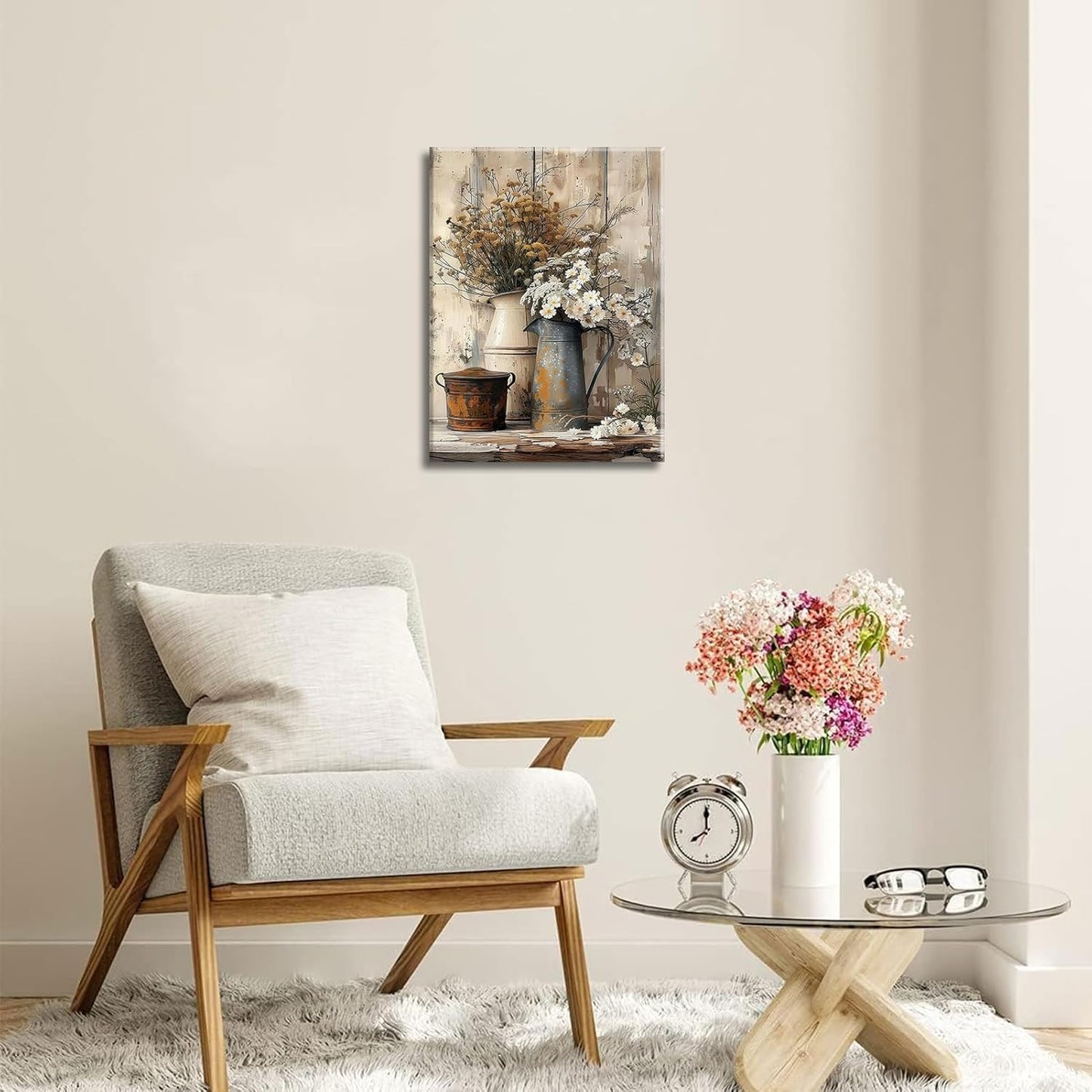 Rustic Country Style Canvas Wall Art – Floral Still Life Decorative Painting, 16x12 inches