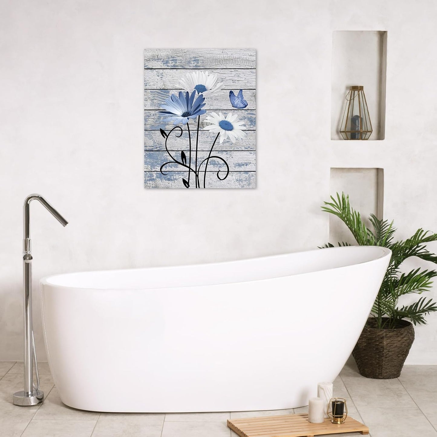 Blue & White Floral Canvas Wall Art with Butterfly | Rustic Wood Background | Nature-Inspired Decorative Print | Modern Farmhouse Style Home Décor (16 x 12 Inches)