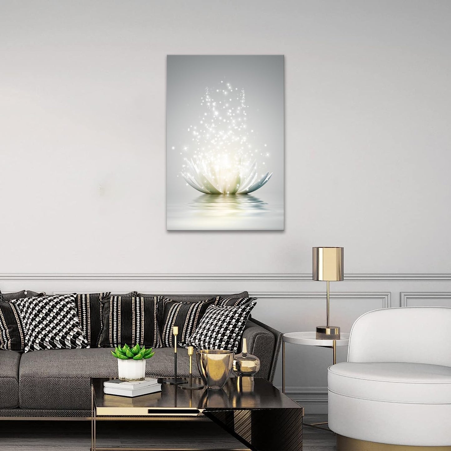 Sparkling Lotus Wall Art | White Lotus on Water with Light Effects | Zen-Inspired Minimalist Canvas Print | Elegant Wall Décor for Living Room, Bedroom, Meditation Space | Premium Canvas Artwork (12 x 16 Inches)