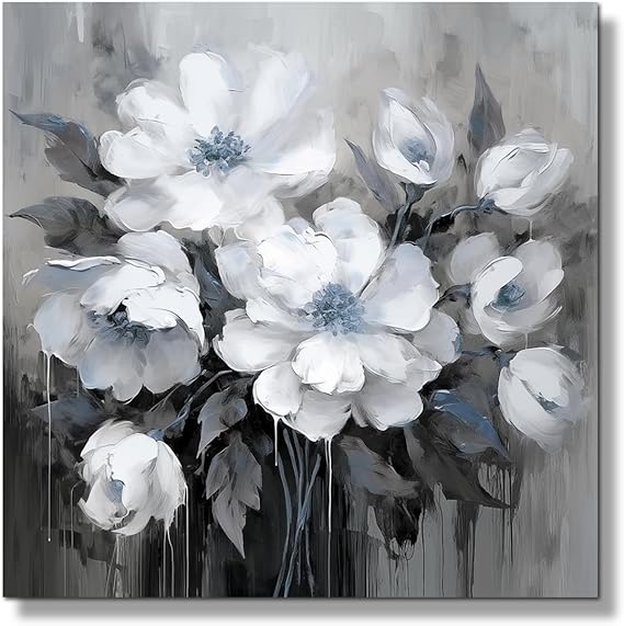 Modern Minimalist White Floral Wall Art Canvas Painting for Living Room Bedroom Dining Room Hallway 12x12 Inches