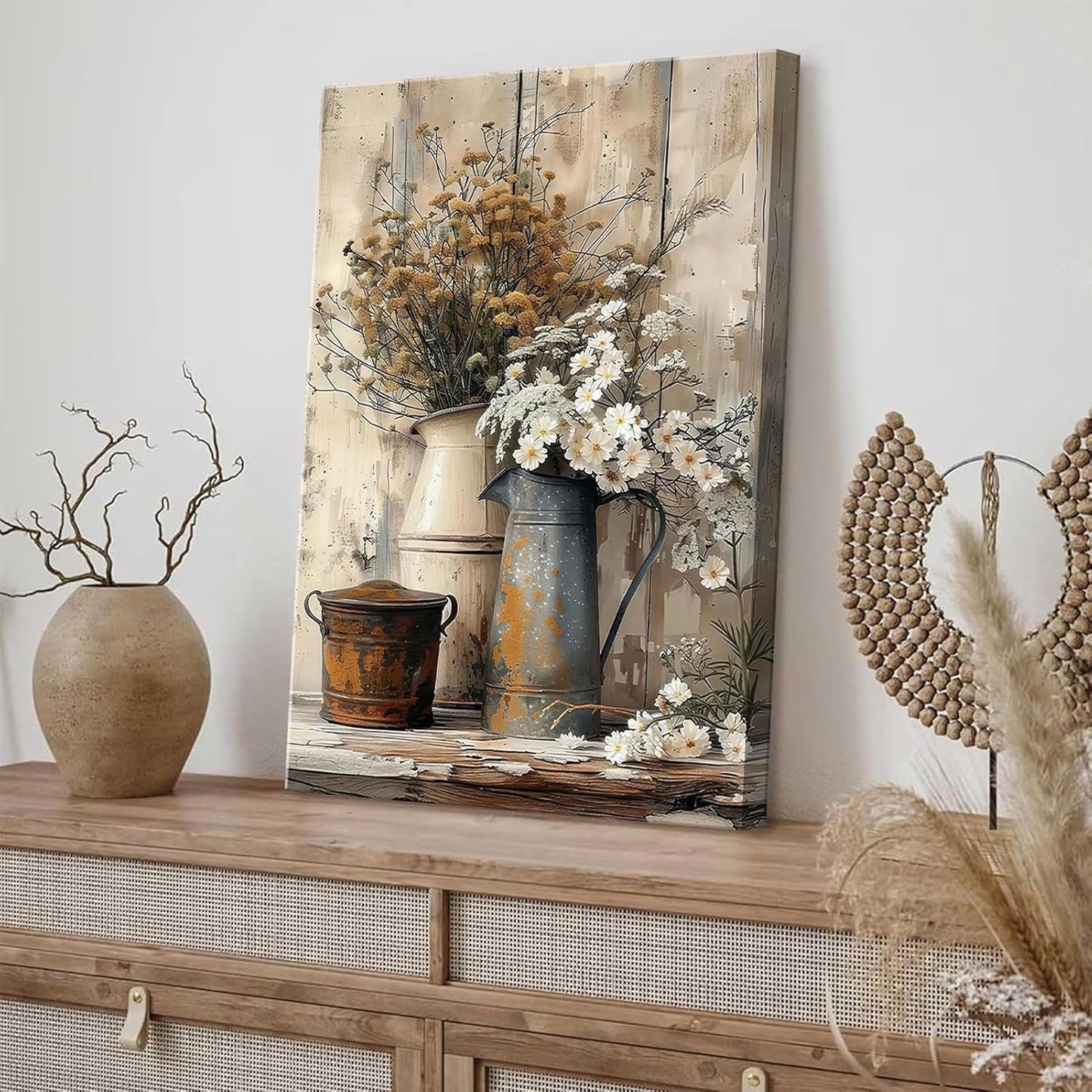 Rustic Country Style Canvas Wall Art – Floral Still Life Decorative Painting, 16x12 inches