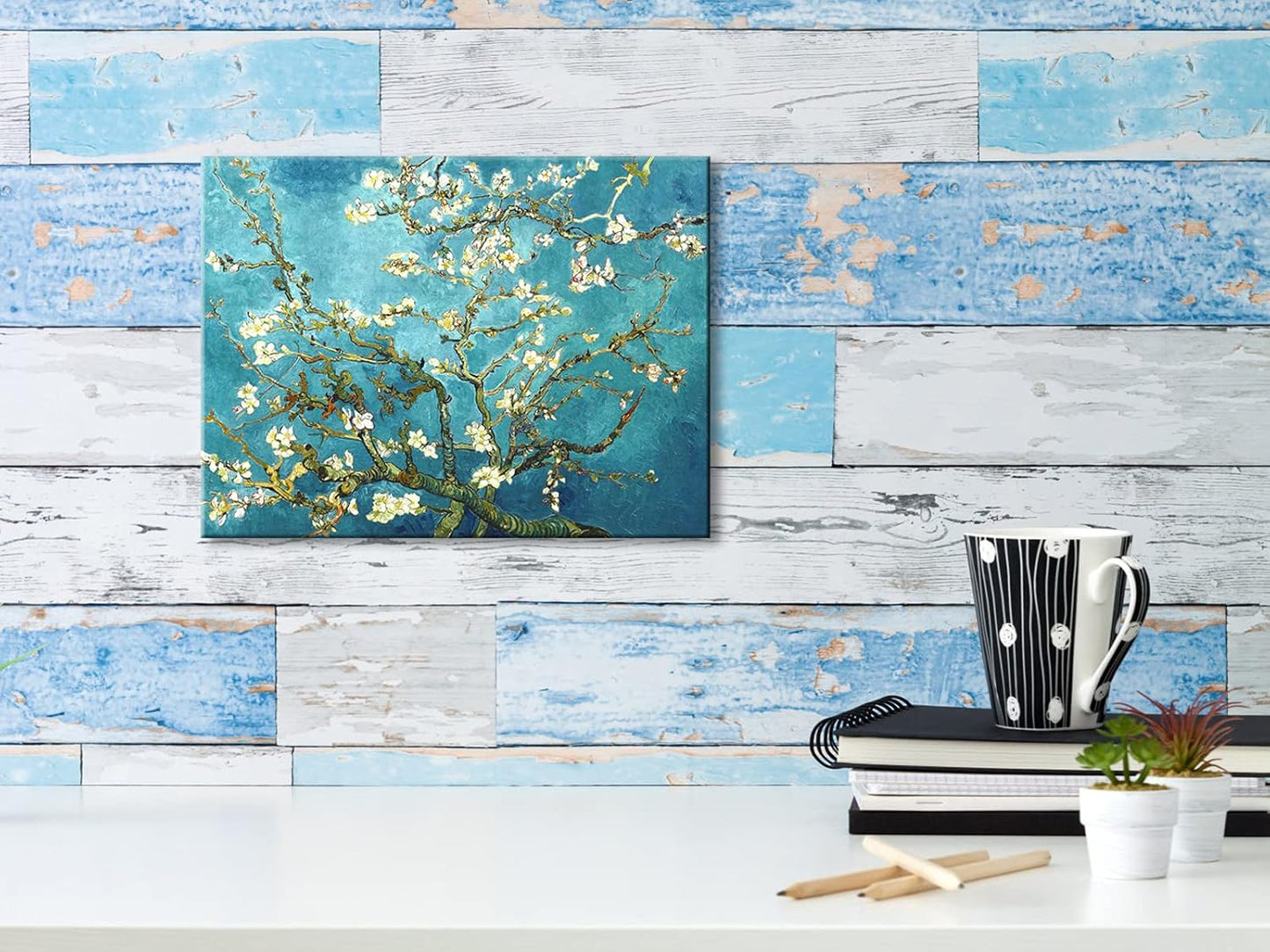 Canvas Wall Art – Blossoming Branch with Blue Background Decorative Painting, 16x12 inches