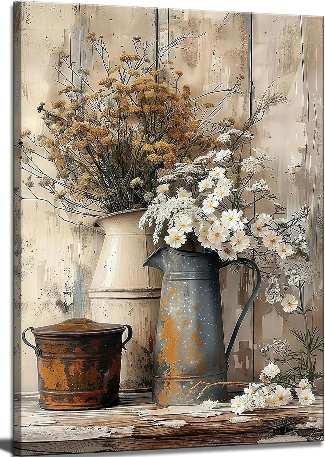 Rustic Country Style Canvas Wall Art – Floral Still Life Decorative Painting, 16x12 inches