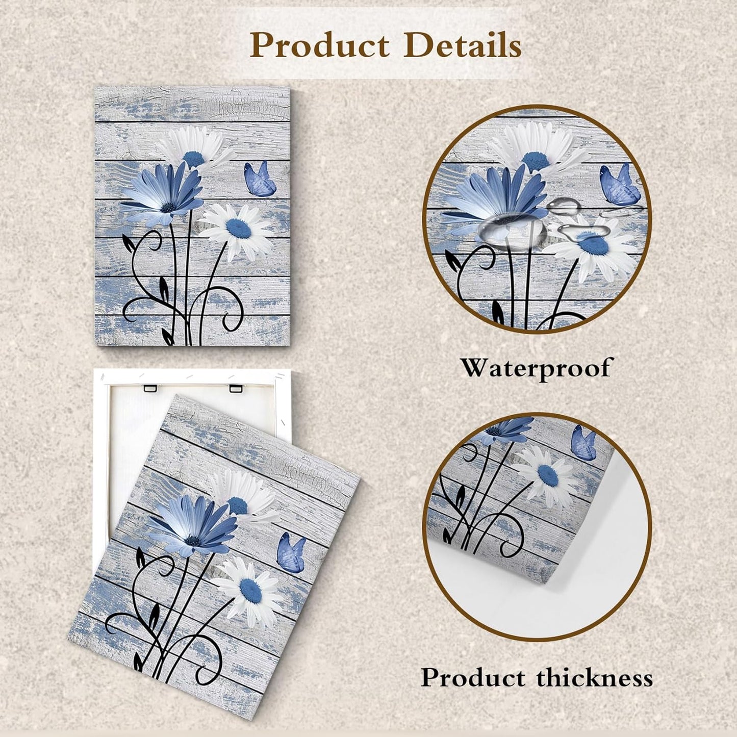 Blue & White Floral Canvas Wall Art with Butterfly | Rustic Wood Background | Nature-Inspired Decorative Print | Modern Farmhouse Style Home Décor (16 x 12 Inches)