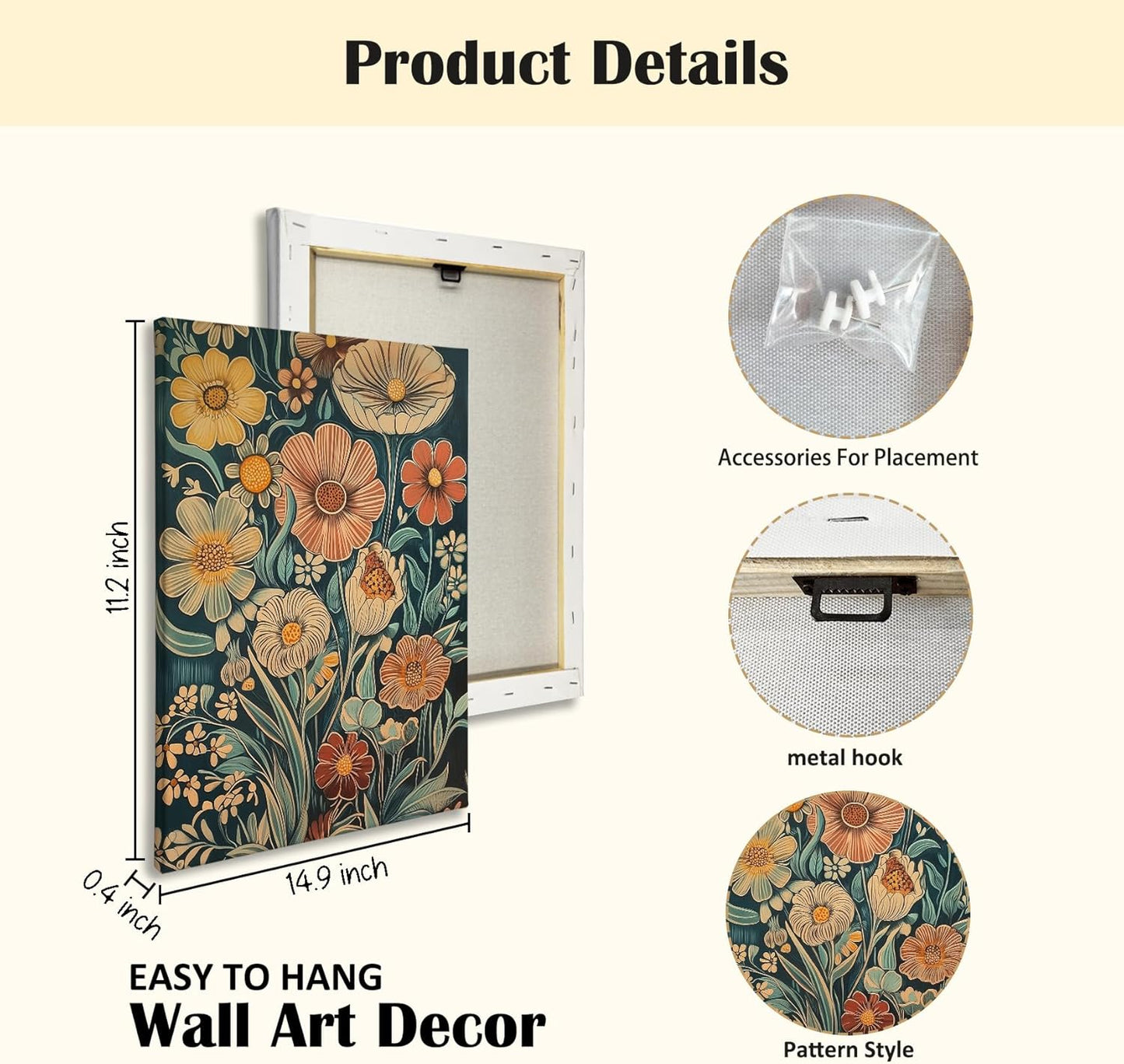 Canvas Wall Art – Floral Pattern Decorative Painting, 11x15 inches