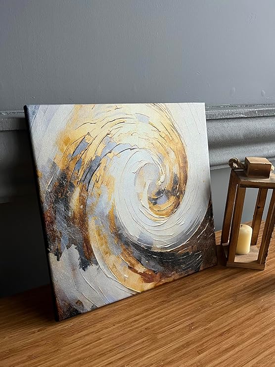 Modern Abstract Canvas Wall Art | Golden & Gray Swirl Textured Design | 14x14 Inches Contemporary Painting for Home Décor