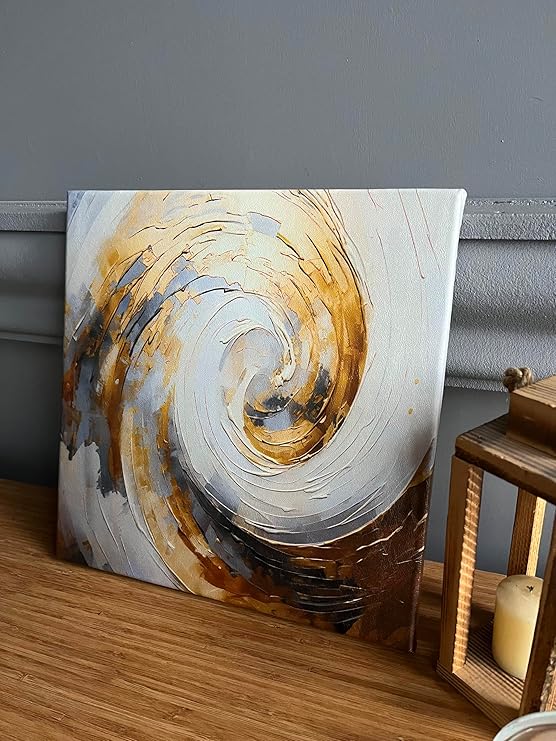 Modern Abstract Canvas Wall Art | Golden & Gray Swirl Textured Design | 14x14 Inches Contemporary Painting for Home Décor