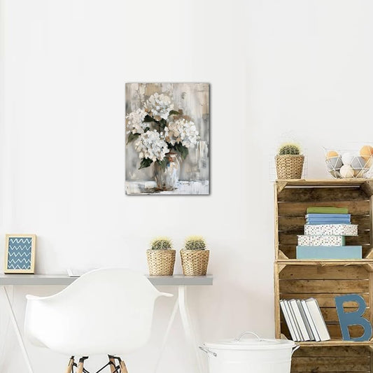 Minimalist Floral Wall Art | White Hydrangea Oil Painting Style Canvas Print | Elegant Vase Flower Artwork for Living Room, Bedroom, Dining Room | Premium Canvas Wall Décor (15 x 12 Inches)