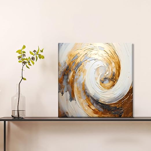 Modern Abstract Canvas Wall Art | Golden & Gray Swirl Textured Design | 14x14 Inches Contemporary Painting for Home Décor