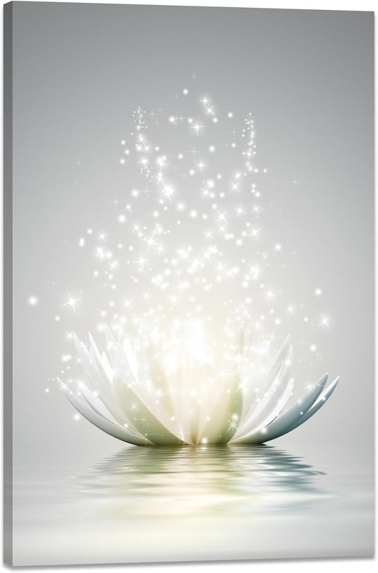 Sparkling Lotus Wall Art | White Lotus on Water with Light Effects | Zen-Inspired Minimalist Canvas Print | Elegant Wall Décor for Living Room, Bedroom, Meditation Space | Premium Canvas Artwork (12 x 16 Inches)
