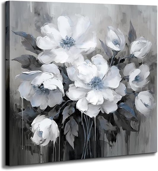 Modern Minimalist White Floral Wall Art Canvas Painting for Living Room Bedroom Dining Room Hallway 12x12 Inches