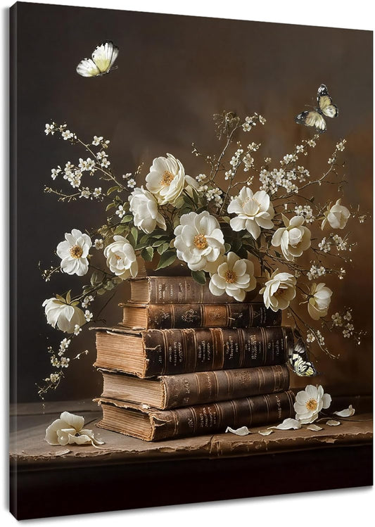 Vintage Books and White Flowers with Butterflies Canvas Wall Art 16x12 Inch for Living Room, Bedroom, Hallway Decoration