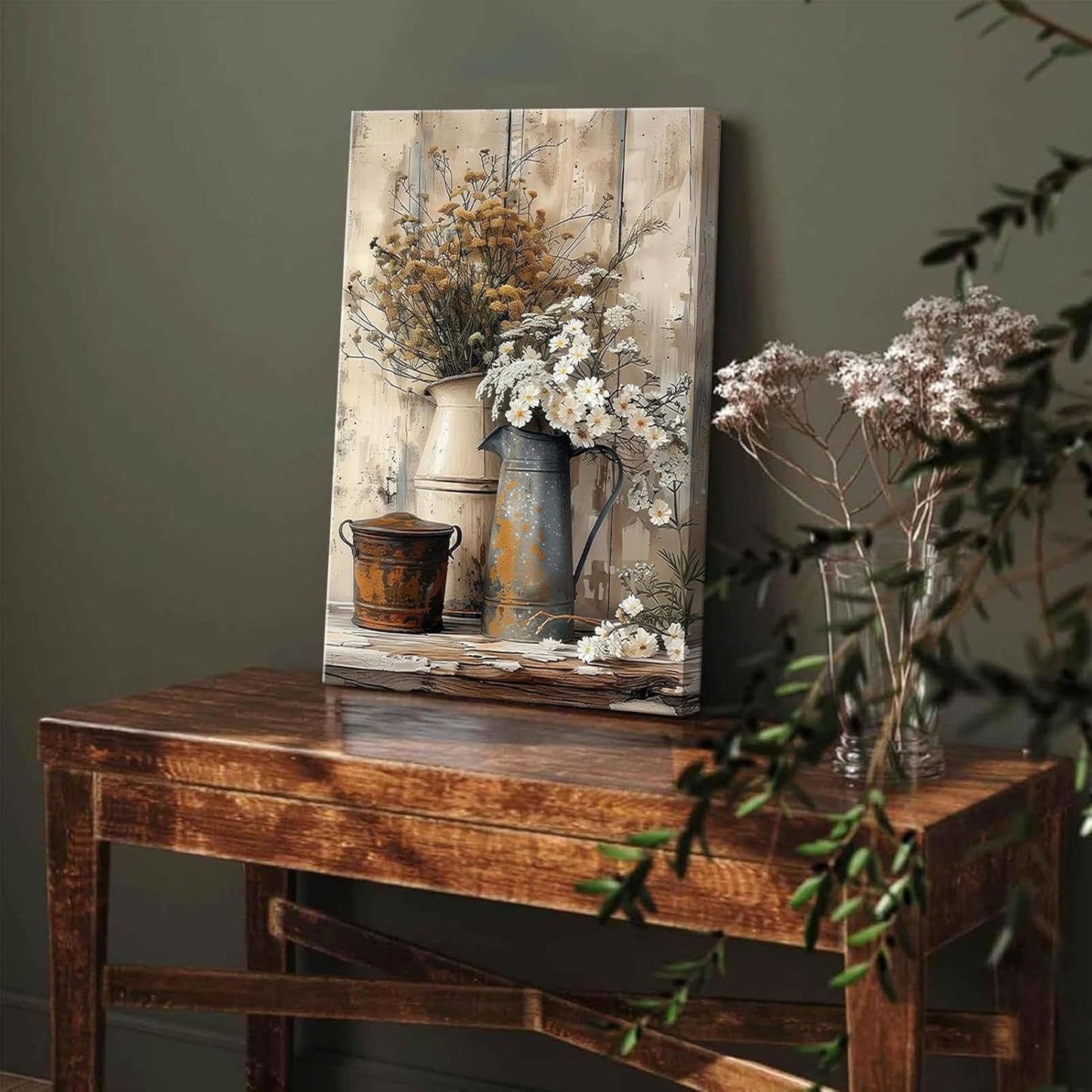 Rustic Country Style Canvas Wall Art – Floral Still Life Decorative Painting, 16x12 inches