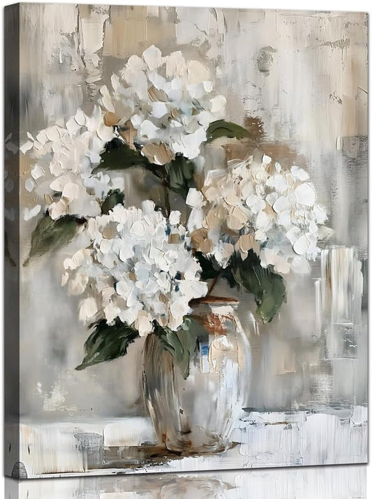 Minimalist Floral Wall Art | White Hydrangea Oil Painting Style Canvas Print | Elegant Vase Flower Artwork for Living Room, Bedroom, Dining Room | Premium Canvas Wall Décor (15 x 12 Inches)