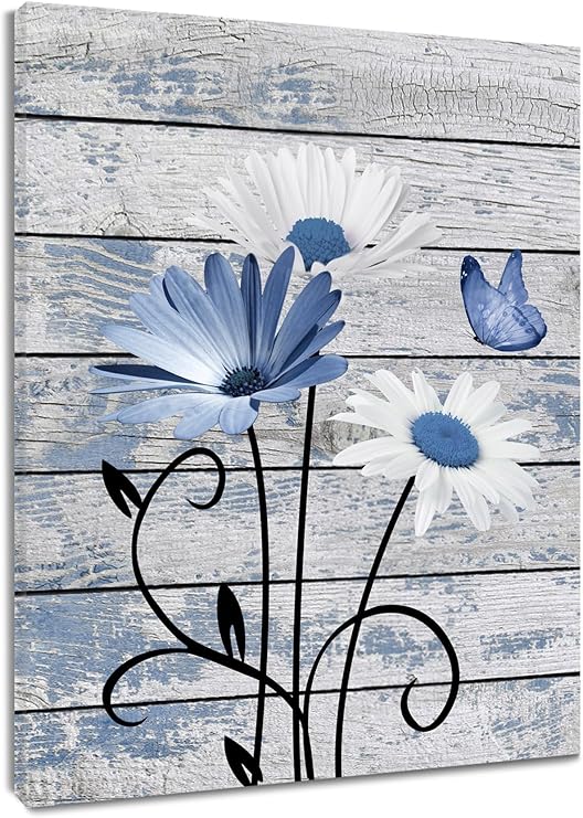 Blue & White Floral Canvas Wall Art with Butterfly | Rustic Wood Background | Nature-Inspired Decorative Print | Modern Farmhouse Style Home Décor (16 x 12 Inches)