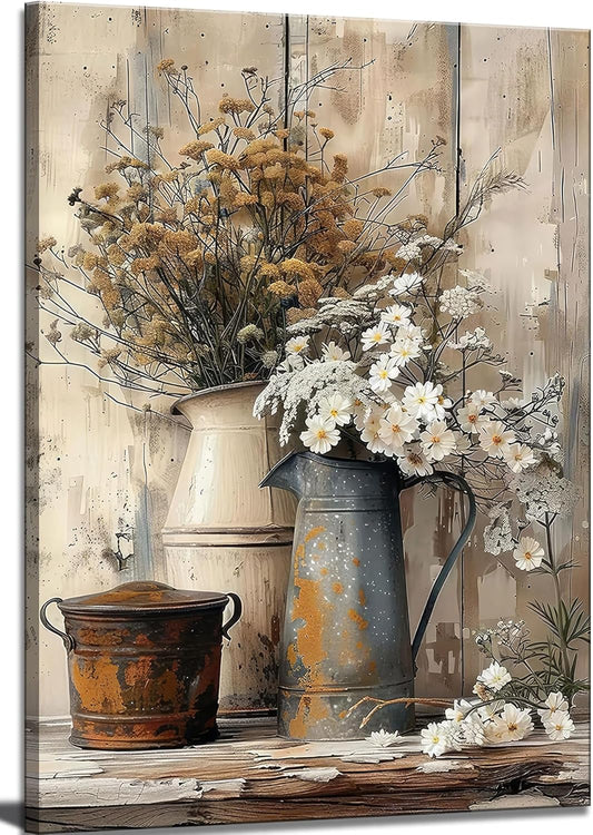 Rustic Country Style Canvas Wall Art – Floral Still Life Decorative Painting, 16x12 inches